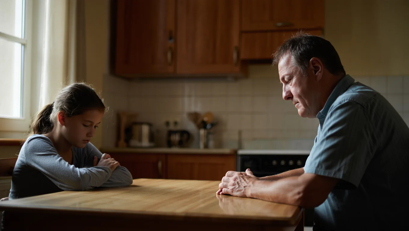 Отец и дочка сидят за столом